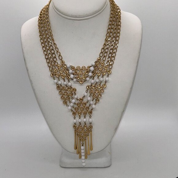Estate Jewelry - Gold-Tone Chain Bib Necklace With White Acrylic Beads & Tassels 18" Length